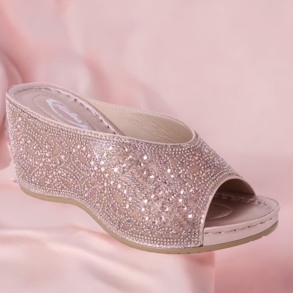Italina Champagne Bright Rhinestone Platform Wedge Peep Toe Heeled